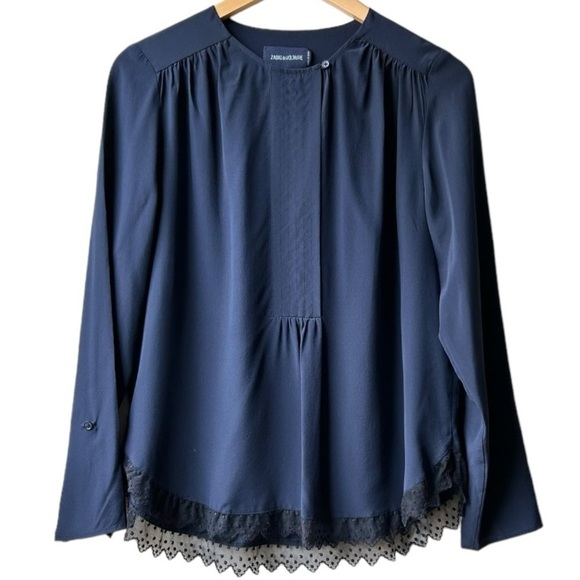 Zadig & Voltaire Tranoi navy silk top with black hem Blue lace trim blouse Sz M - Picture 2 of 14